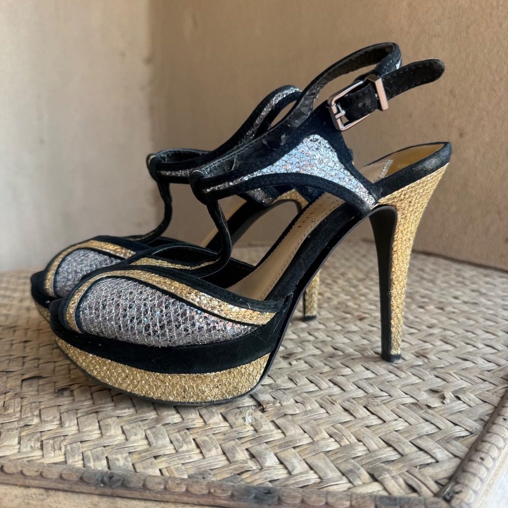 Gianni Bini Platform Sandals Womens Black Gold Silver Glitter T-Strap Stiletto